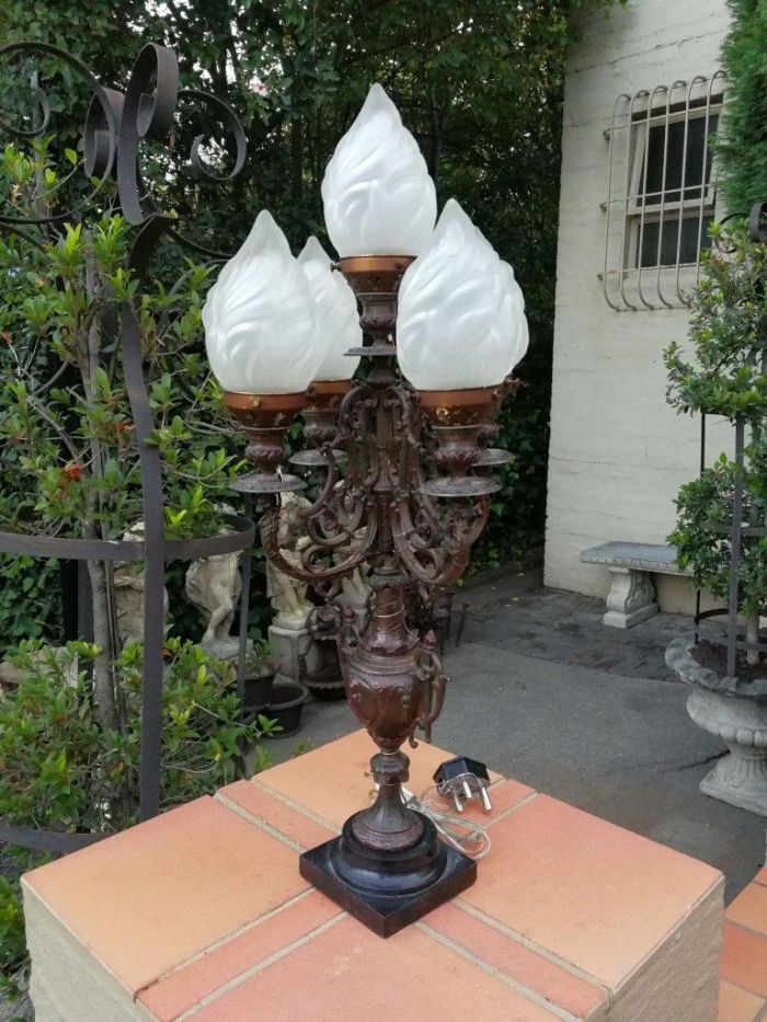 A Pair of 20th Century Metal Candelabras with Frosted Lamp Shades - Image 7