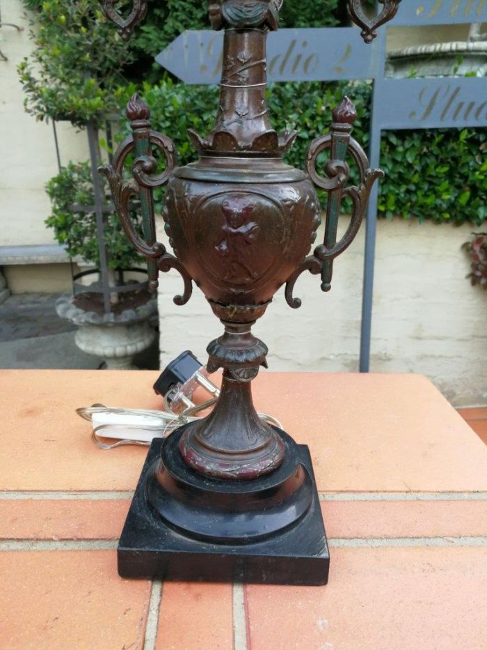 A Pair of 20th Century Metal Candelabras with Frosted Lamp Shades - Image 8