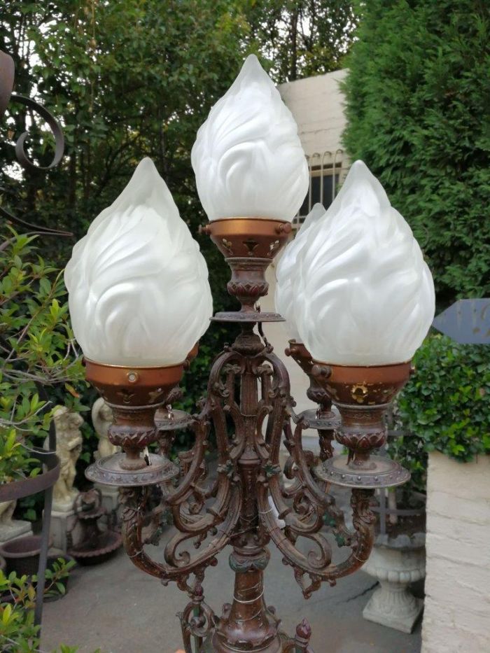 A Pair of 20th Century Metal Candelabras with Frosted Lamp Shades - Image 9