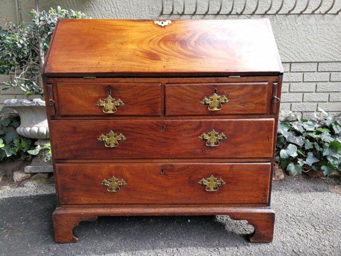 A 19th Century Circa 1860 Mid-Victorian Mahogany Secretaire Gilt-tooled Leather Writing Surface with Key