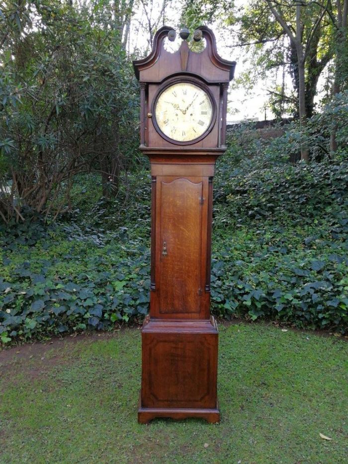 An Early 19th Century Mahogany and Oak Tall  Longcase/Grandfather Clock with Brass Dial Signed Smith Sheffield