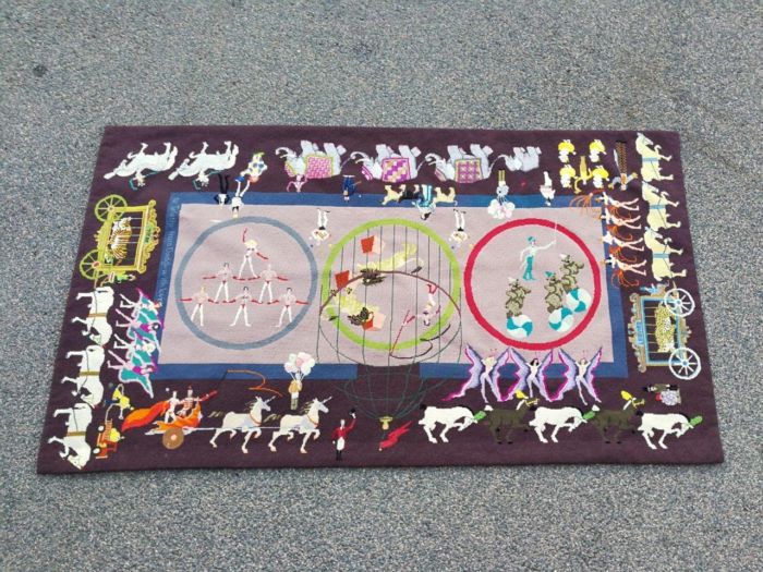 A 20th Century Custom and Handmade Needlepoint Tapestry/Rug Of a Circus Scene Dimensions: 147cm x 86cm R28