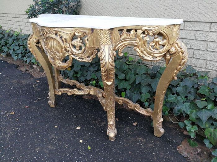 A French Rococo Style Ornately Carved Marble top Console Table - Image 4