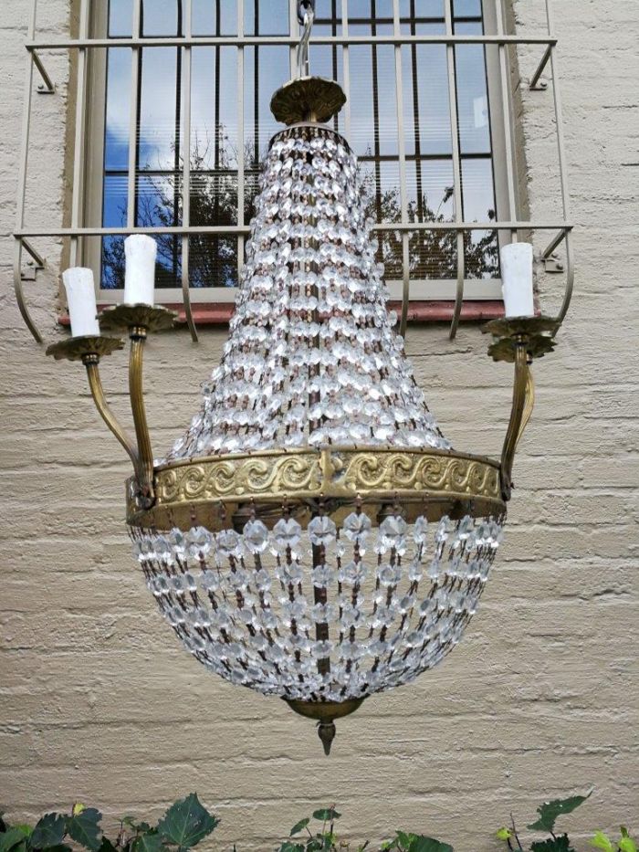 A French Style Tear-Drop Brass & Crystal Chandelier