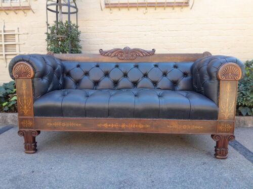 A Late Walnut Victorian Inlaid Settee Upholstered In A Deep Buttoned Quality Leather