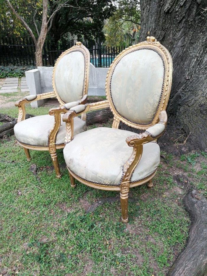 A Pair Of French Style Giltwood Ornate Arm Chairs On Fluted Legs  - Image 3