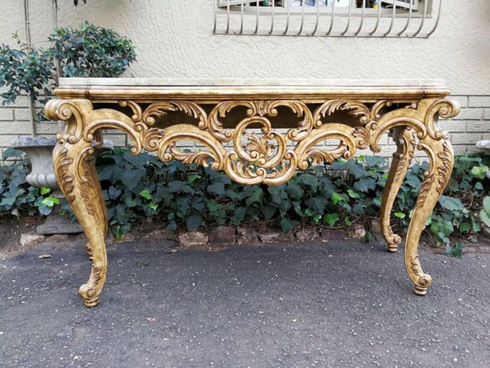 A 20th Century Painted Plum Mahogany French Style Console With Marble Top