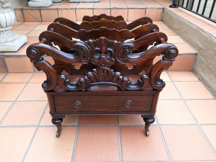 A Late 19th Century Victorian Rosewood Canterbury With Drawer And Brass Casters - Image 2