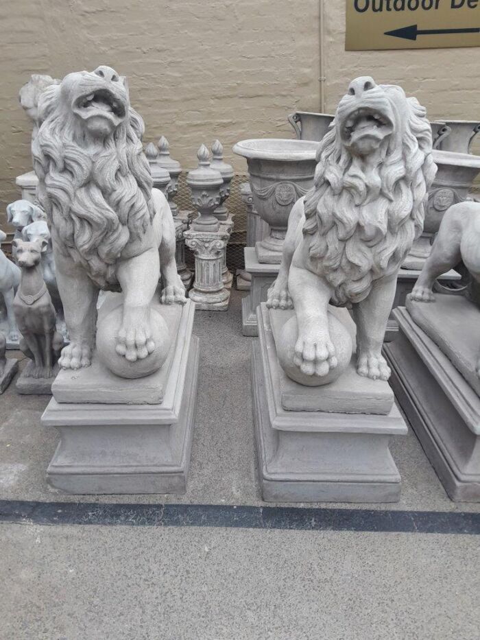 A Pair Concrete Lions On Bases  (Custom-Aged By The Crown Collection)