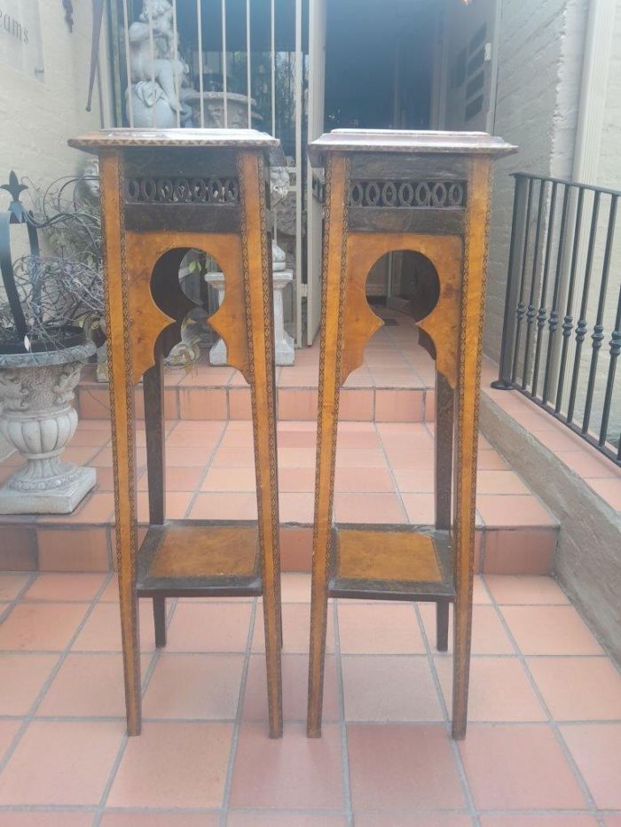 A 20th Century Pair of French Style Walnut Side Tables with Marble Tops