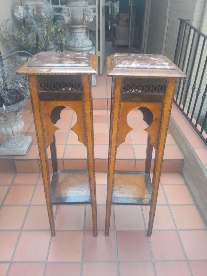 A 20th Century Pair of French Style Walnut Side Tables with Marble Tops - Image 2