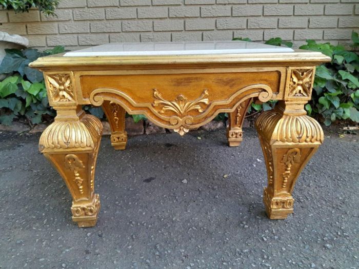 A 20th Century French Style Ornately Carved Side Table with Marble Top