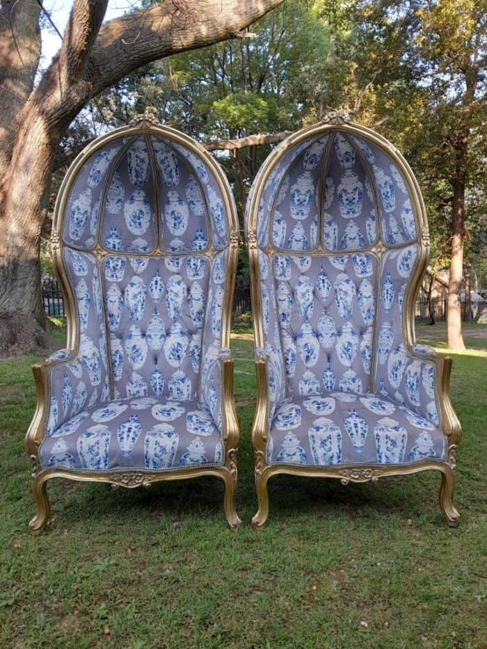 A Pair of French Style Carved and Gilded Wooden Dome / Canopy Chairs (Dome Modelled on The Famous Louis XV Chair)