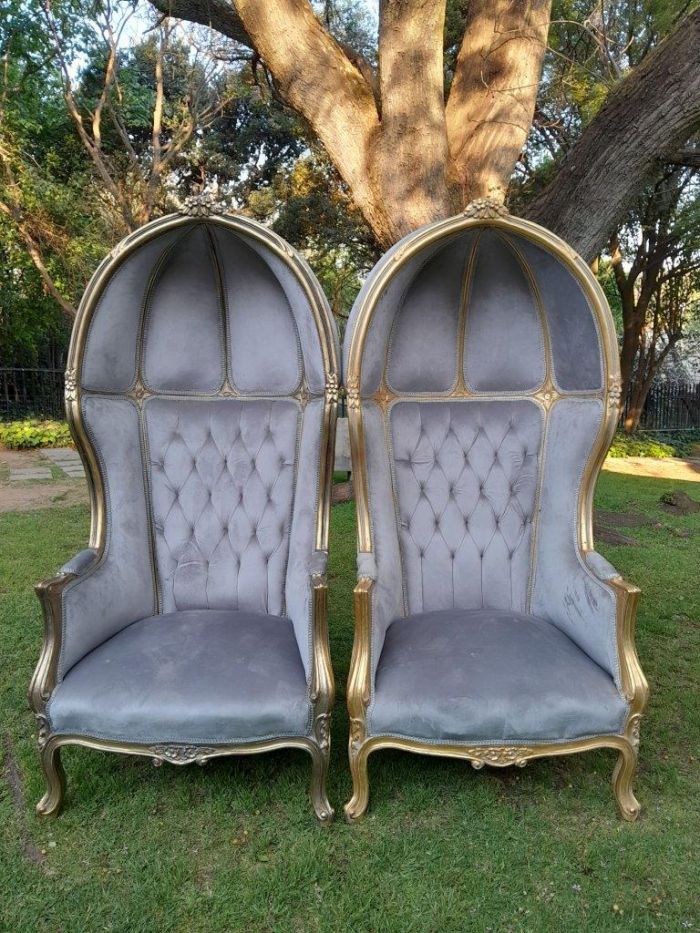 A Pair of French Style Carved and Gilded Wooden Dome / Canopy Chairs (Dome Modelled on The Famous Louis XV Chair)