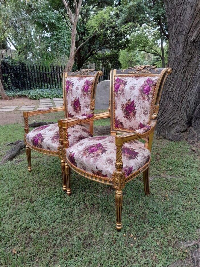 A Pair Of 20th Century French Louis XVI Styled Ornately Carved And Gilded Fautelli Chairs (various upholstery options - please specify your preference) - Image 7