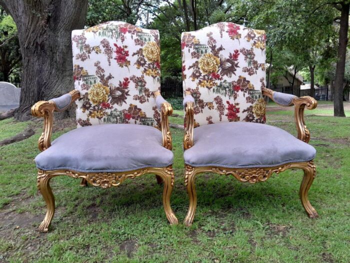 A 20th Century French Style Pair Of Carved Gilt Wood High-Back Occasional Armchairs