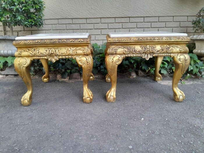 A Pair of 20th Century French Style Ornately Carved Hand Gilded Side Tables with Marble Top - Image 2