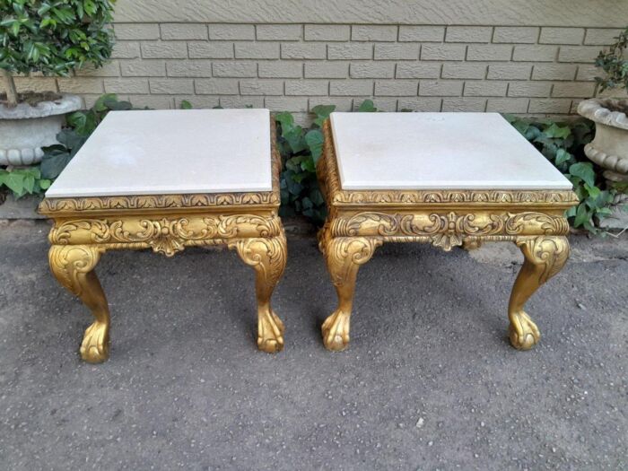 A Pair of 20th Century French Style Ornately Carved Hand Gilded Side Tables with Marble Top - Image 3