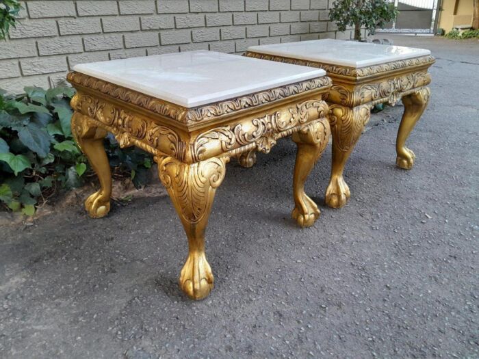 A Pair of 20th Century French Style Ornately Carved Hand Gilded Side Tables with Marble Top - Image 4