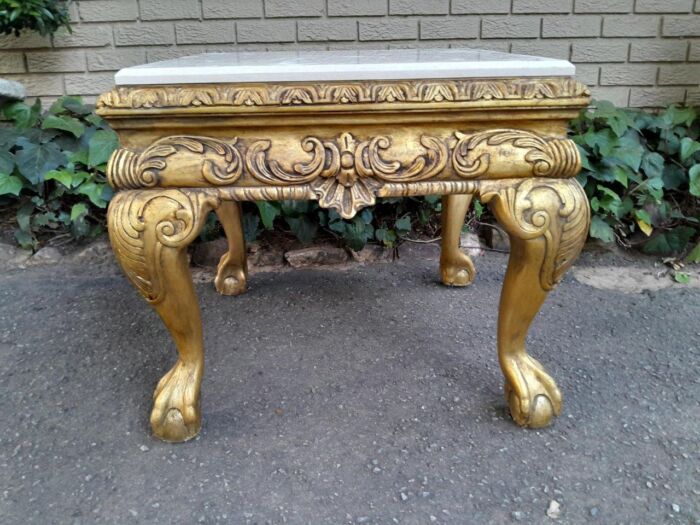 A Pair of 20th Century French Style Ornately Carved Hand Gilded Side Tables with Marble Top - Image 5