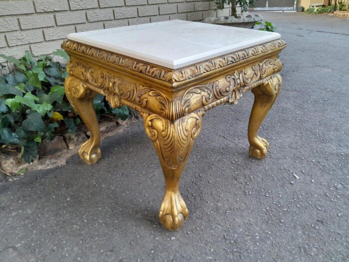 A Pair of 20th Century French Style Ornately Carved Hand Gilded Side Tables with Marble Top - Image 6