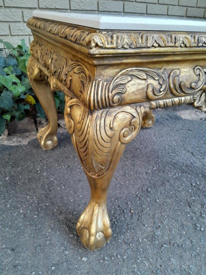 A Pair of 20th Century French Style Ornately Carved Hand Gilded Side Tables with Marble Top - Image 7