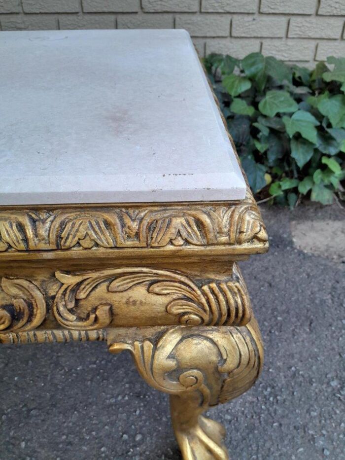 A Pair of 20th Century French Style Ornately Carved Hand Gilded Side Tables with Marble Top - Image 8