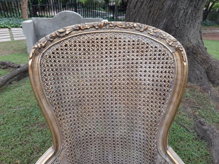 A 20th Century Pair Of French Style Rattan High Back Armchairs Hand Gilded - Image 5