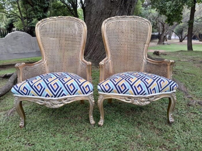 A 20th Century Pair Of French Style Rattan High Back Armchairs Hand Gilded - Image 6