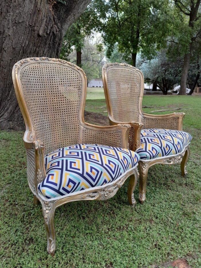 A 20th Century Pair Of French Style Rattan High Back Armchairs Hand Gilded - Image 7