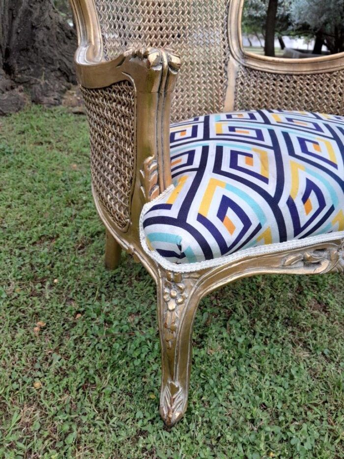 A 20th Century Pair Of French Style Rattan High Back Armchairs Hand Gilded - Image 10