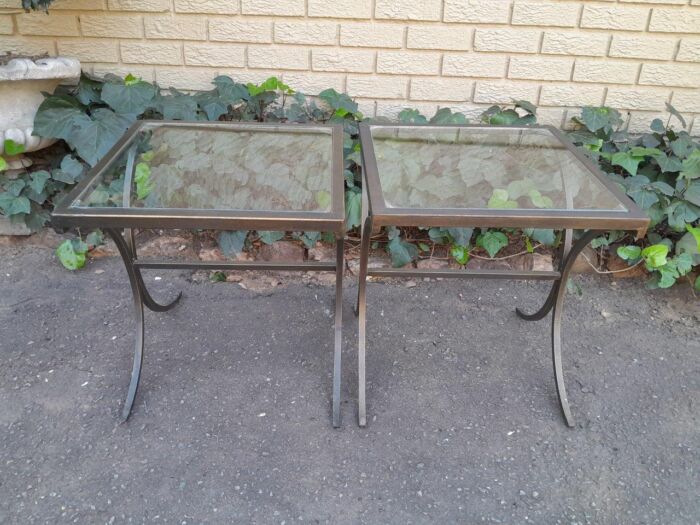 A Pair Of Contemporary Wrought Iron Glass Top Side Tables