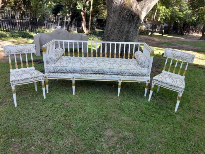 An Antique 19th Century Circa 1800's Set of Swedish Gustavian Period Painted and Gilded Settee and Pair of Chairs Upholstered in a Custom Made Gold and White Fabric  