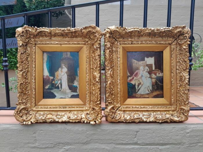 A 20th Century Pair Of Two Couples Oil Painting In Ornately Carved And Gilded Frames