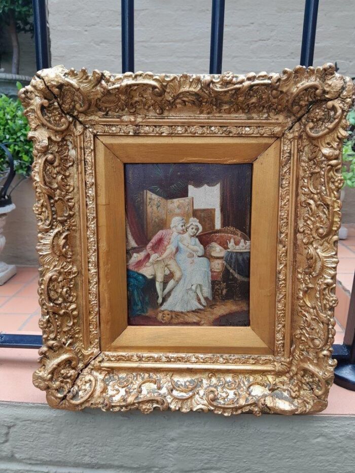 A 20th Century Pair Of Two Couples Oil Painting In Ornately Carved And Gilded Frames - Image 4