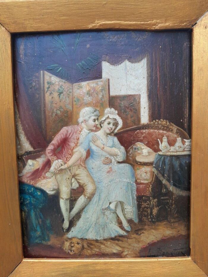 A 20th Century Pair Of Two Couples Oil Painting In Ornately Carved And Gilded Frames - Image 5