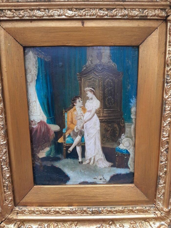 A 20th Century Pair Of Two Couples Oil Painting In Ornately Carved And Gilded Frames - Image 7