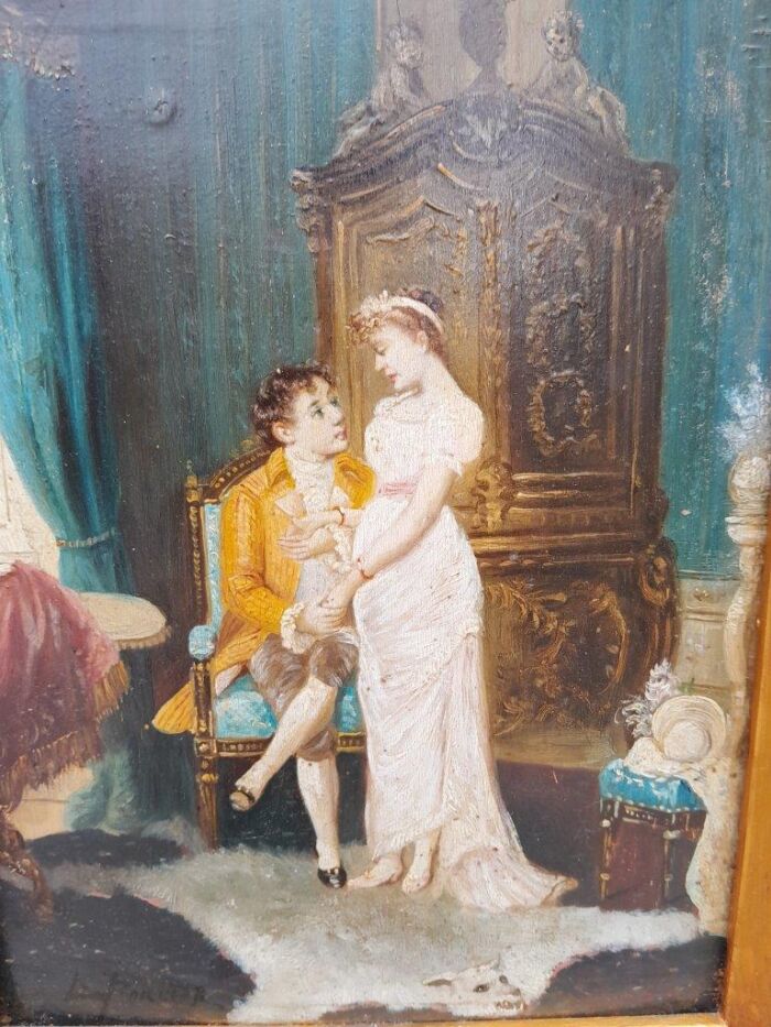 A 20th Century Pair Of Two Couples Oil Painting In Ornately Carved And Gilded Frames - Image 8