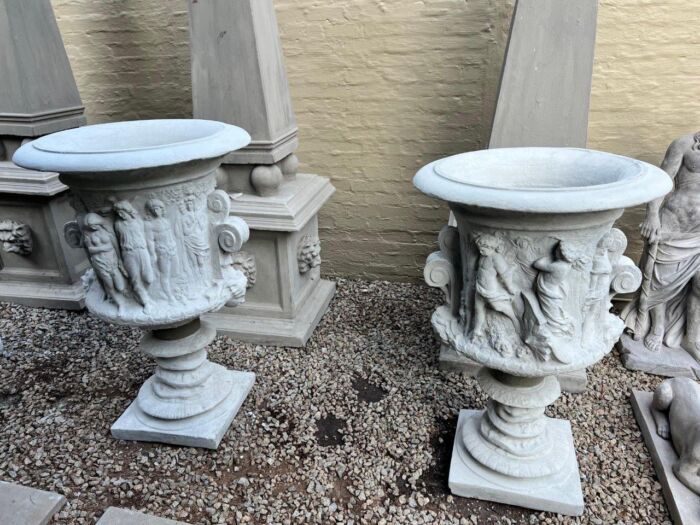 A Pair Of Large Figural Design Pots / Urns Finished In A Concrete Patina Colour