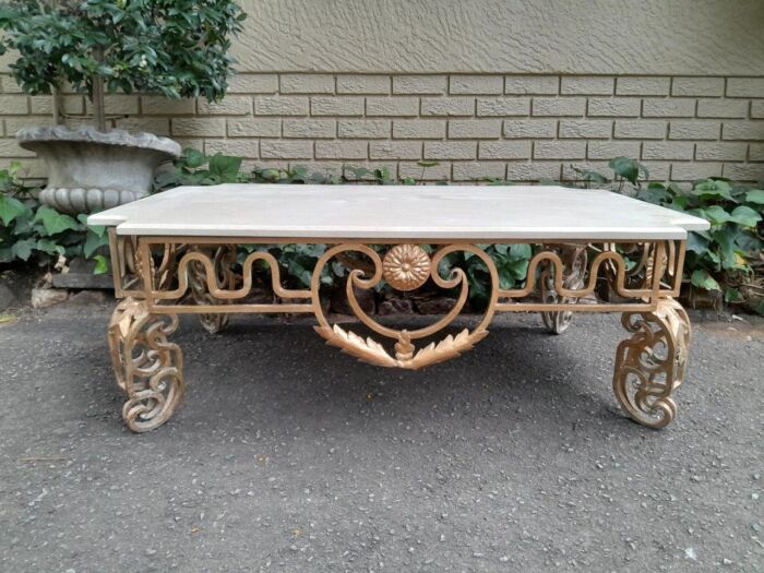 A French Ornate Style Wrought Iron With Marble Top Coffee Table