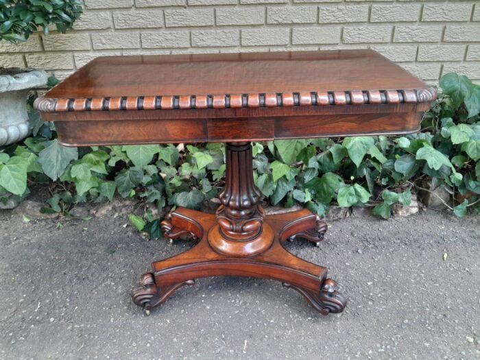 A 19th Century Circa 1820 William IV Rosewood Carved Card Table With Black Baize Playing Surface