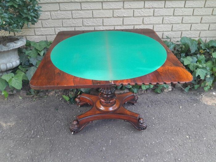 A 19th Century Circa 1820 William IV Rosewood Carved Card Table With Black Baize Playing Surface - Image 8