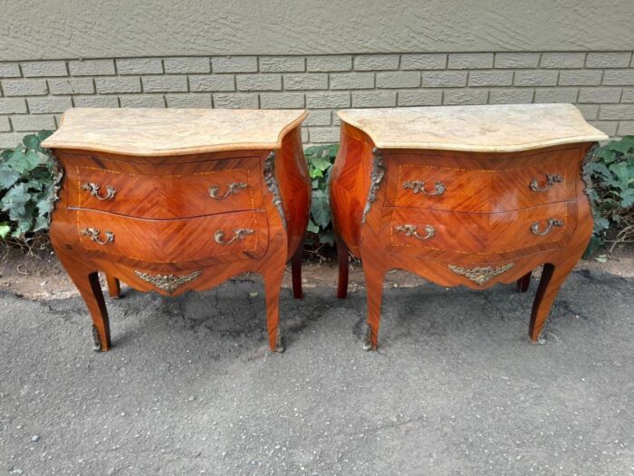 A 20th Century Pair of French Style Mahogany Bombe Pedestals with Marble Tops & Ormolu Mounts - Image 2