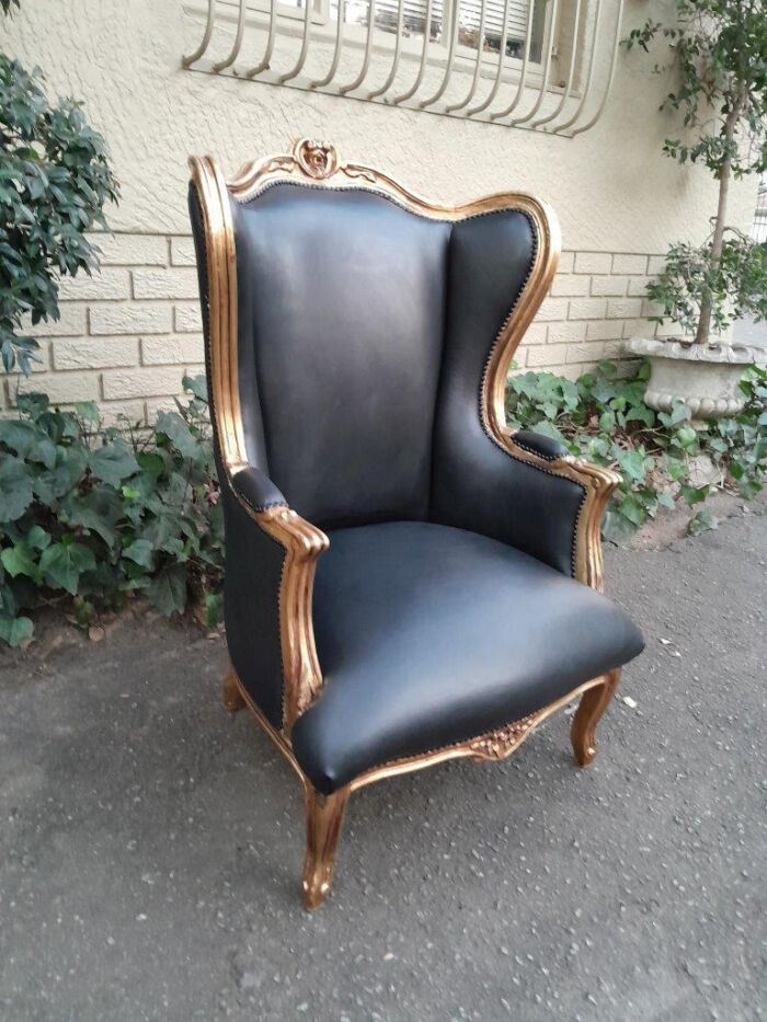 A Pair Of French Style Louis XVI Style Carved And Hand Gilded Wingback Chairs Upholstered In Leather - Image 7