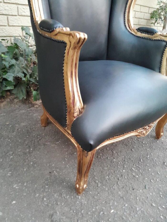 A Pair Of French Style Louis XVI Style Carved And Hand Gilded Wingback Chairs Upholstered In Leather - Image 8