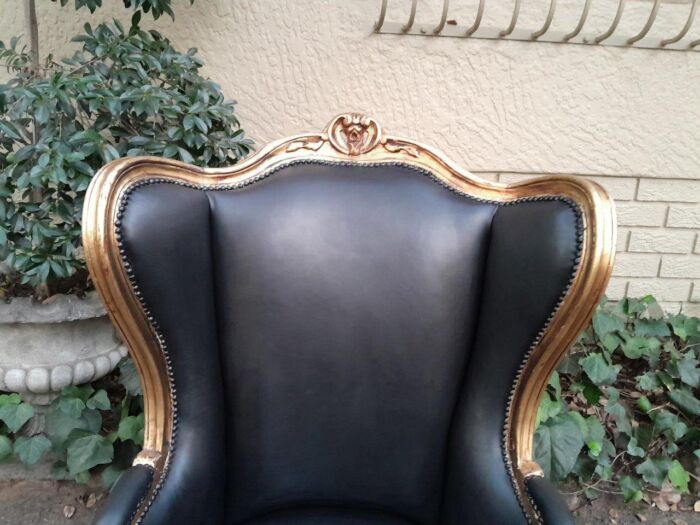 A Pair Of French Style Louis XVI Style Carved And Hand Gilded Wingback Chairs Upholstered In Leather - Image 10