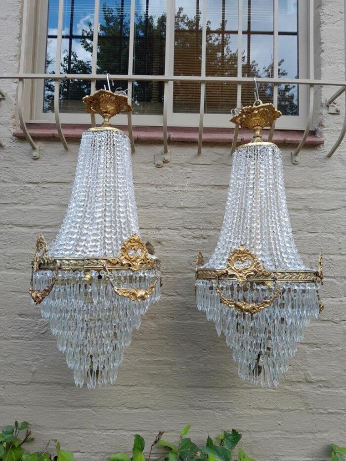 A Pair of French Style Ring Brass & Crystal Chandeliers