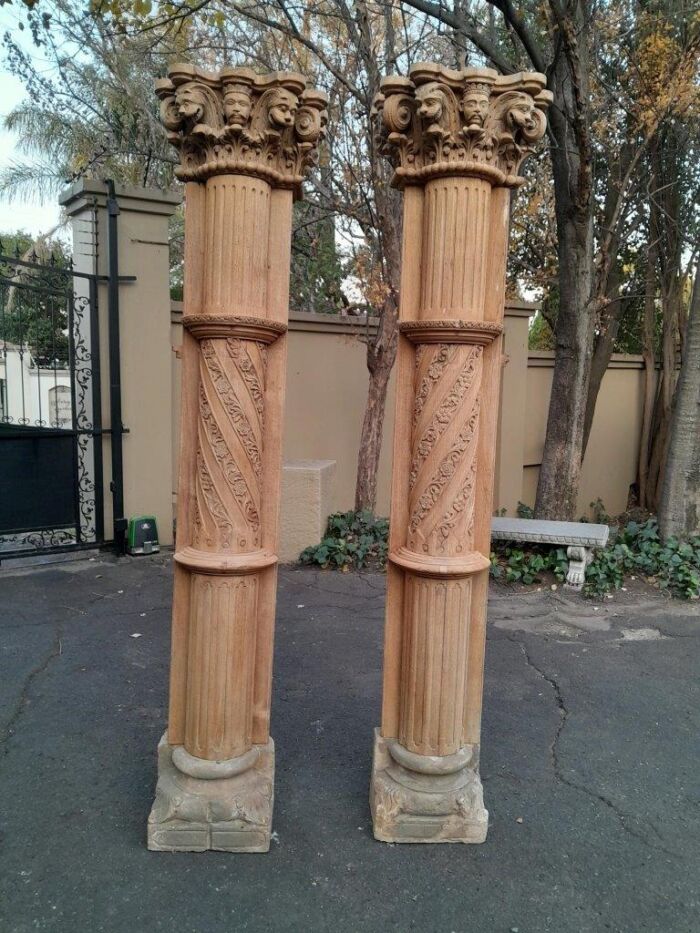 An Antique Original Pair of Architectural Carved Wooden Pillars with Carved Stone Bases