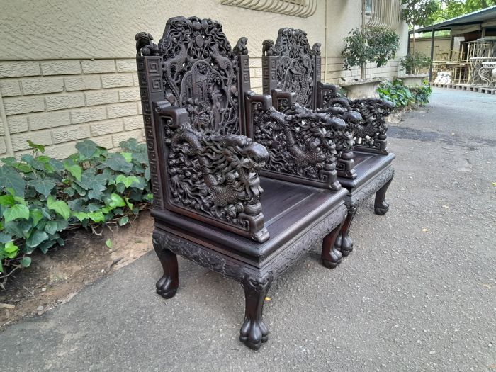 An Early 20th Century Circa 1920 Pair of Oriental Ornately Carved Throne Chairs - Image 4