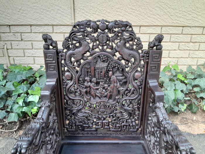 An Early 20th Century Circa 1920 Pair of Oriental Ornately Carved Throne Chairs - Image 8